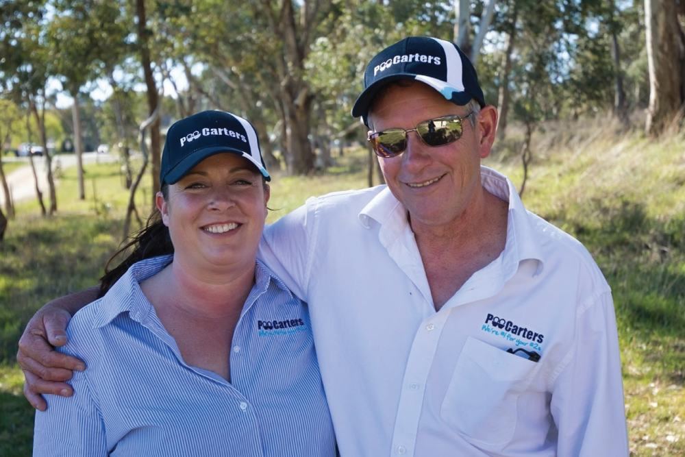Portrait of Trudie and Rodger, the owners of Poo Carters, an Australian family-owned business providing portable toilet hire and septic services-